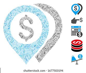 Hatch Mosaic based on dollar bank markers icon. Mosaic vector dollar bank markers is designed with scattered hatch dots. Bonus icons are added.