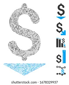 Mosaico de escotilla basado en un icono de dólar bajo. El dólar vectorial mosaico está diseñado con manchas aleatorias. Se agregan iconos de bonificación.