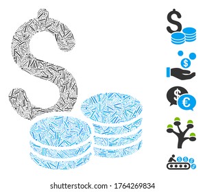 Hatch Mosaic based on dollar coins icon. Mosaic vector dollar coins is designed with randomized hatch items. Bonus icons are added.