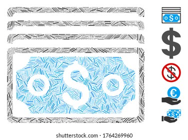 Hatch Mosaic based on dollar banknotes icon. Mosaic vector dollar banknotes is formed with scattered hatch elements. Bonus icons are added.