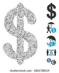 Hatch Mosaic based on dollar icon. Mosaic vector dollar is formed with random hatch spots. Bonus icons are added.