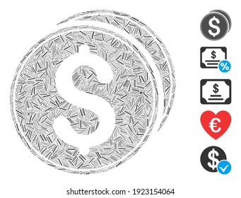 Hatch Mosaic based on dollar coins icon. Mosaic vector dollar coins is composed with scattered hatch items. Bonus icons are added.