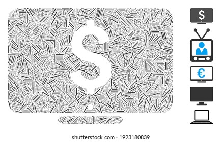 Mosaico de escotilla basado en el icono del monitor en dólares. El monitor vectorial de dólar mosaico se crea con manchas de trampas dispersas. Se agregan iconos de bonificación.
