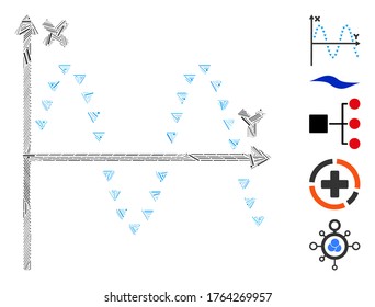 Hatch Mosaic based on dotted sine plot icon. Mosaic vector dotted sine plot is created with random hatch items. Bonus icons are added.