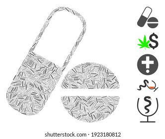 Hatch Mosaic based on drugs icon. Mosaic vector drugs is composed with scattered hatch elements. Bonus icons are added.