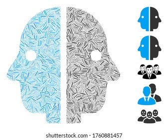 Hatch Mosaic based on dual face icon. Mosaic vector dual face is composed with scattered hatch dots. Bonus icons are added.