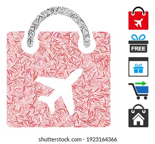 Hatch Mosaic based on duty free bag icon. Mosaic vector duty free bag is formed with random hatch dots. Bonus icons are added.