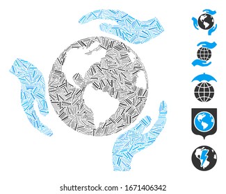 Hatch Mosaic based on Earth protection icon. Mosaic vector Earth protection is composed with random hatch items. Bonus icons are added.