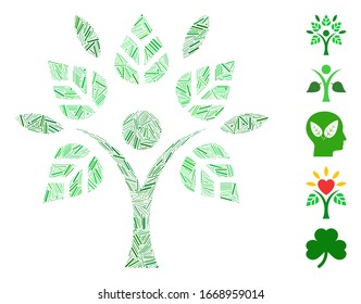 Hatch Mosaic based on eco man icon. Mosaic vector eco man is created with randomized hatch elements. Bonus icons are added.