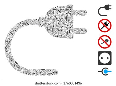 Mosaico de escotilla basado en el icono del cable eléctrico. El cordón eléctrico del vector mosaico se forma con elementos de tramas aleatorias. Se agregan iconos de bonificación.