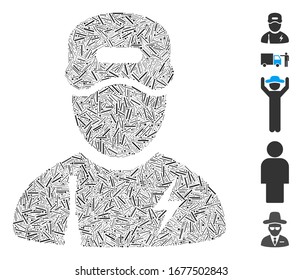 Hatch Mosaic based on electrician boy icon. Mosaic vector electrician boy is formed with scattered hatch dots. Bonus icons are added.