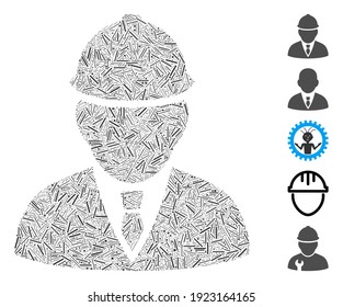 Hatch Mosaic based on engineer icon. Mosaic vector engineer is formed with scattered hatch items. Bonus icons are added.