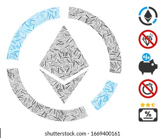Hatch Mosaic based on Ethereum circle diagram icon. Mosaic vector Ethereum circle diagram is composed with scattered hatch items. Bonus icons are added.