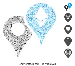 Mosaico de escotilla basado en el icono de marcadores de mapa etéreo. Los marcadores de mapa etéreo de vector mosaico se forman con elementos de rayas dispersas. Se agregan iconos de bonificación.