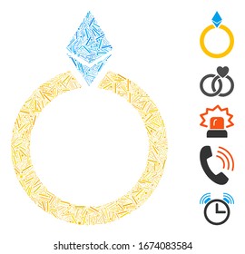 Mosaico de escotilla basado en el icono del anillo de joyería del Ethereum. El anillo de joyería etéreo vectorial mosaico está diseñado con elementos de escotilla aleatorizados. Se agregan iconos de bonificación.