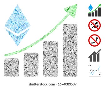 Hatch Mosaic basiert auf dem ätherischen Wachstumstrend Symbol. Mosaike Vektorillustration Ätherum-Wachstumstrend ist mit verstreuten Lukenflecken gebildet. Bonussymbole werden hinzugefügt.