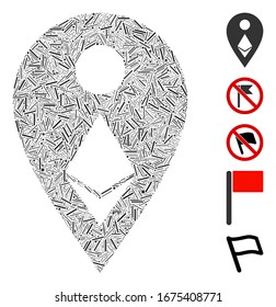 Hatch Mosaic based on Ethereum map marker icon. Mosaic vector Ethereum map marker is formed with random hatch spots. Bonus icons are added.
