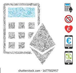 Hatch Mosaic based on Ethereum calculator icon. Mosaic vector Ethereum calculator is designed with randomized hatch elements. Bonus icons are added.