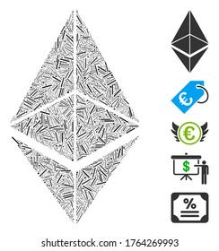 Hatch Mosaic basiert auf Ethereum Icon. Mosaikvvektor Ethereum ist mit zufälligen Lukenstücken entworfen. Bonussymbole werden hinzugefügt.