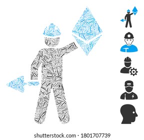 Mosaico de escotilla basado en el icono del minero etéreo. El minero etéreo vector mosaico se crea con elementos de rayado aleatorios. Se agregan iconos de bonificación.