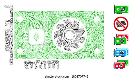 Hatch Mosaic based on Ethereum GPU videocard icon. Mosaic vector Ethereum GPU videocard is designed with scattered hatch items. Bonus icons are added.