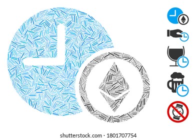 Hatch Mosaic based on Ethereum credit clock icon. Mosaic vector Ethereum credit clock is composed with scattered hatch elements. Bonus icons are added.