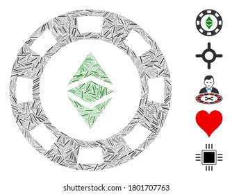 Hatch Mosaic based on Ethereum casino chip icon. Mosaic vector Ethereum casino chip is formed with randomized hatch dots. Bonus icons are added.