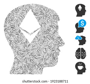Hatch Mosaic based on Ethereum thinking head icon. Mosaic vector Ethereum thinking head is created with randomized hatch elements. Bonus icons are added.