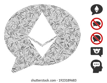 Hatch Mosaic based on Ethereum message balloon icon. Mosaic vector Ethereum message balloon is composed with scattered hatch dots. Bonus icons are added.
