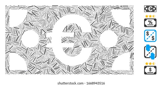Hatch Mosaic based on Euro banknote icon. Mosaic vector Euro banknote is designed with random hatch spots. Bonus icons are added.