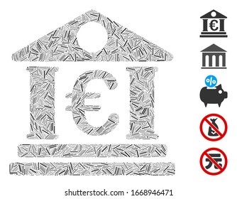 Hatch Mosaic basiert auf dem Euro-Bankgebäude Symbol. Mosaik Vektorillustration Euro Bankgebäude ist mit zufälligen Schlupfgegenständen entworfen. Bonussymbole werden hinzugefügt.