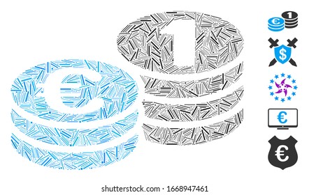 Hatch Mosaic based on Euro coins icon. Mosaic vector Euro coins is created with randomized hatch spots. Bonus icons are added.