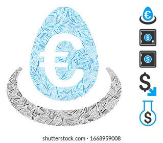 Hatch Mosaic based on Euro deposit egg icon. Mosaic vector Euro deposit egg is created with random hatch dots. Bonus icons are added.