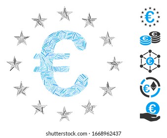 Mosaico del escote basado en el icono de las estrellas de la unión del Euro. Vector mosaico Las estrellas de la unión del euro se forman con puntos de escotilla aleatorizados. Se agregan iconos de bonificación.