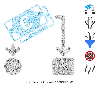 Hatch Mosaic based on Euro cash flow icon. Mosaic vector Euro cash flow is designed with randomized hatch spots. Bonus icons are added.