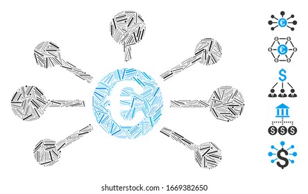Hatch Mosaic based on Euro relations icon. Mosaic vector Euro relations is composed with randomized line elements. Bonus icons are added.