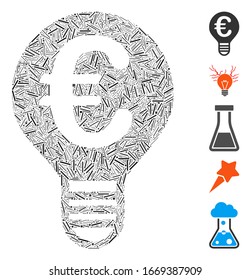 Hatch Mosaic based on Euro bulb icon. Mosaic vector Euro bulb is designed with scattered dash items. Bonus icons are added.