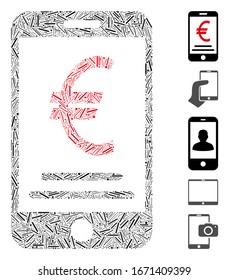 Hatch Mosaic based on Euro mobile payment icon. Mosaic vector Euro mobile payment is formed with random hatch spots. Bonus icons are added.