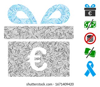 Mosaico de escote basado en el icono de regalo del Euro. Vector de mosaico El regalo del euro está diseñado con elementos de escotilla aleatorizados. Se agregan iconos de bonificación.