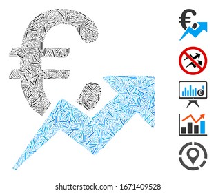 Hatch Mosaic based on Euro growth icon. Mosaic vector Euro growth is designed with scattered hatch items. Bonus icons are added.