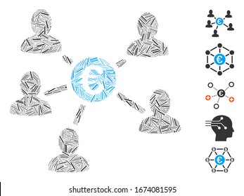 Hatch Mosaic based on Euro social links icon. Mosaic vector Euro social links is formed with randomized hatch dots. Bonus icons are added.