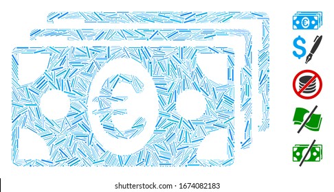 Hatch Mosaic based on Euro banknotes icon. Mosaic vector Euro banknotes is created with scattered hatch items. Bonus icons are added.