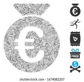 Hatch Mosaic based on Euro money bag icon. Mosaic vector Euro money bag is formed with scattered hatch spots. Bonus icons are added.