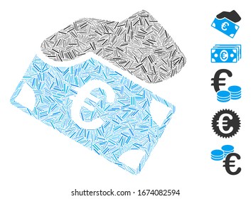 Hatch Mosaic based on Euro payment icon. Mosaic vector Euro payment is composed with randomized hatch elements. Bonus icons are added.