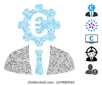 Hatch Mosaic based on Euro banker icon. Mosaic vector Euro banker is composed with randomized hatch spots. Bonus icons are added.
