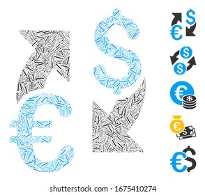 Mosaico Hatch basado en el icono de intercambio Euro Dollar. Vector de mosaico El intercambio de Euro Dólar está compuesto por puntos de escotilla aleatorizados. Se agregan iconos de bonificación.