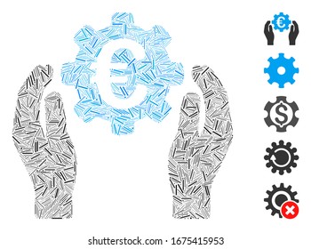 Hatch Mosaic based on Euro industry care hands icon. Mosaic vector Euro industry care hands is created with random hatch dots. Bonus icons are added.