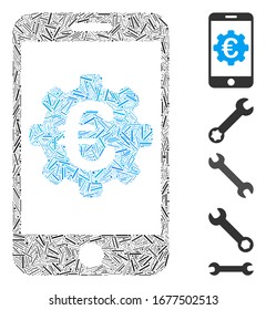 Hatch Mosaic based on Euro mobile options icon. Mosaic vector Euro mobile options is composed with scattered hatch spots. Bonus icons are added.