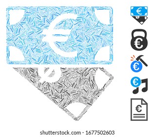 Hatch Mosaic based on Euro and Dollar banknotes icon. Mosaic vector Euro and Dollar banknotes is formed with random hatch elements. Bonus icons are added.