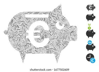 Mosaico del escote basado en el icono del banco del cerdito Euro. Vector de mosaico El banco de la cerámica Euro está compuesto por elementos de escotilla dispersos. Se agregan iconos de bonificación.